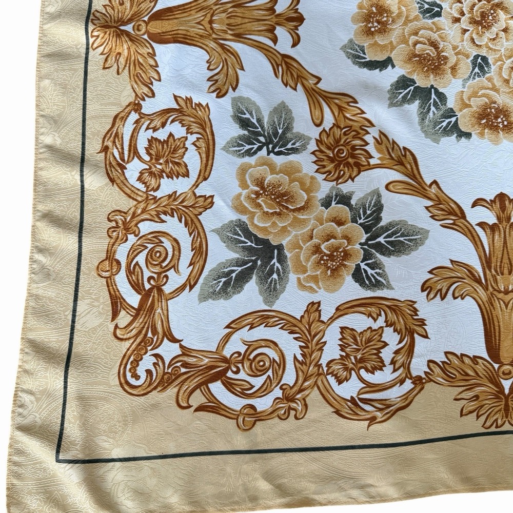 Vintage Baroque Floral Scarf Gold Cream Satin Square Head Neck Wrap - Picture 5 of 8